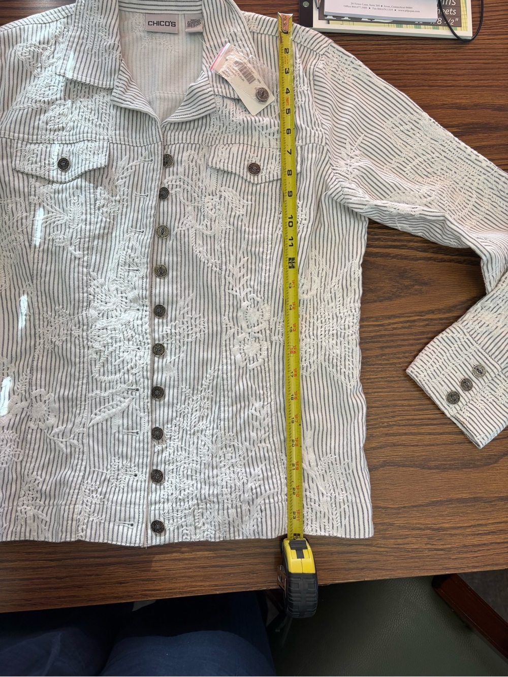 Chico's Embroidered Striped Button-Front Jacket - White & Gray - Picture 8 of 11